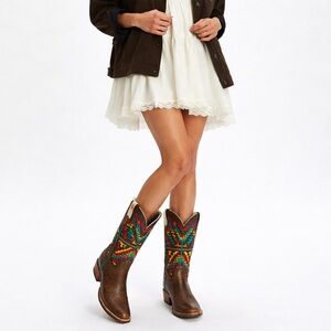 Johnny Ringo Handcrafted Aztec Embroidered Cowboy Boots 7.5B Brown Leather
